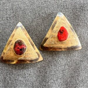 Vintage 90’s Triangle Gold Tone Pierced Earrings With Red Stone Centers 2”